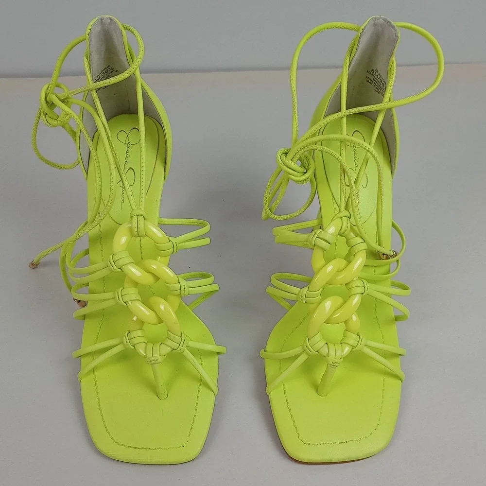 Jessica Simpson Womens 6 Neon Yellow Lace Up Strappy Chain Heel Achaia Sandals